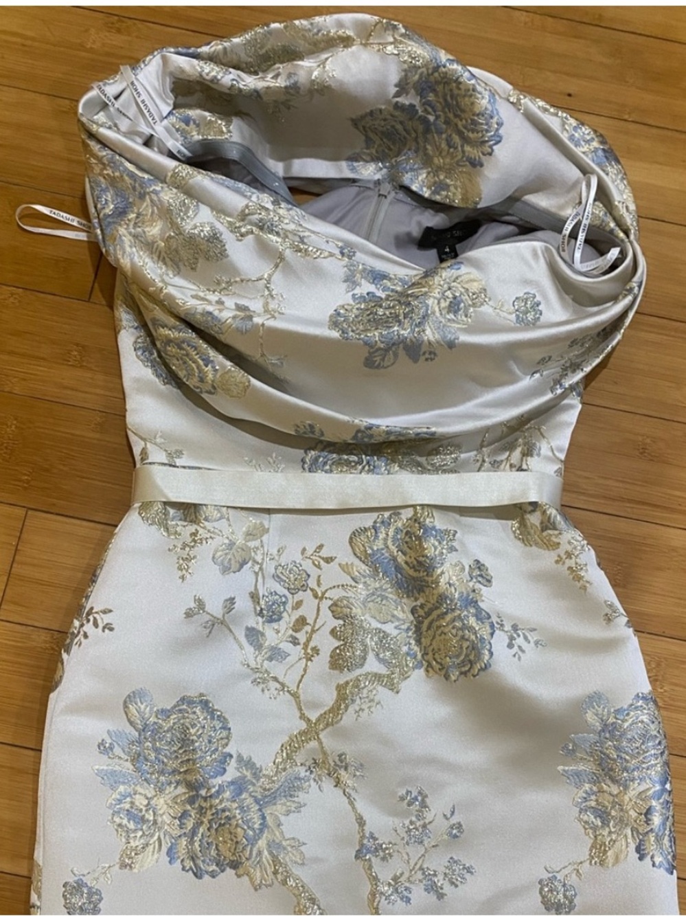 Tadashi Shoji Strapless Floral Metallic Brocade Dress in White, Gold & Blue